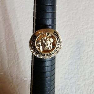 Vintage Medusa Head Charm Ring Greek Key Motif Rhinestone Gold Tone Adjustable
